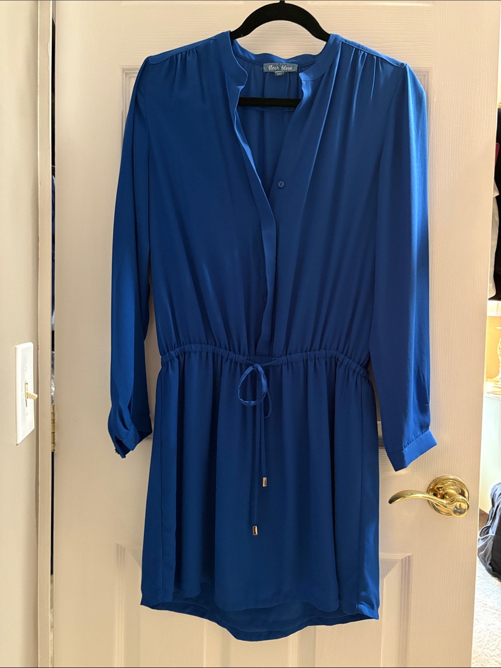 Blue Long Sleeve Drawstring Waist Dress
